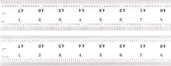 Starrett - 48" Long, 1/100, 1/64, 1/50, 1/32" Graduation, Rigid Spring Steel Rule - 16R Graduation Style, 1-1/2" Wide, Silver, Satin Chrome Finish - Eagle Tool & Supply