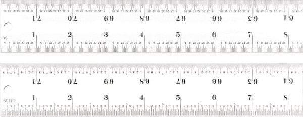 Starrett - 72" Long, 1/100, 1/64, 1/50, 1/32" Graduation, Rigid Spring Steel Rule - 16R Graduation Style, 1-1/2" Wide, Silver, Satin Chrome Finish - Eagle Tool & Supply