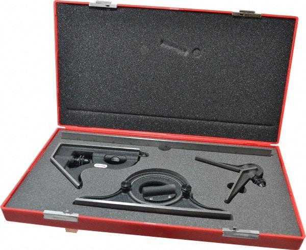 Starrett - 4 Piece, 12" Combination Square Set - 1/100, 1/32, 1/50 & 1/64" (16R) Graduation, Steel Blade, Cast Iron Center, Protractor & Square Head - Eagle Tool & Supply