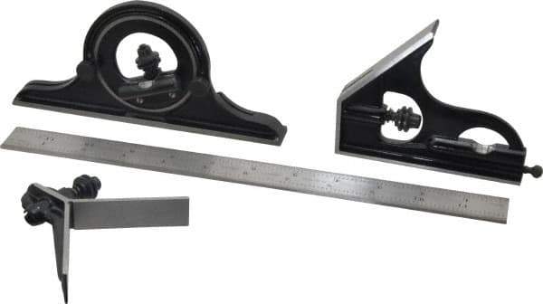 Starrett - 4 Piece, 12" Combination Square Set - 1/100, 1/32, 1/50 & 1/64" (16R) Graduation, Steel Blade, Forged Steel Center, Protractor & Square Head - Eagle Tool & Supply