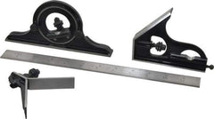 Starrett - 4 Piece, 12" Combination Square Set - 1/100, 1/32, 1/50 & 1/64" (16R) Graduation, Steel Blade, Forged Steel Center, Protractor & Square Head - Eagle Tool & Supply