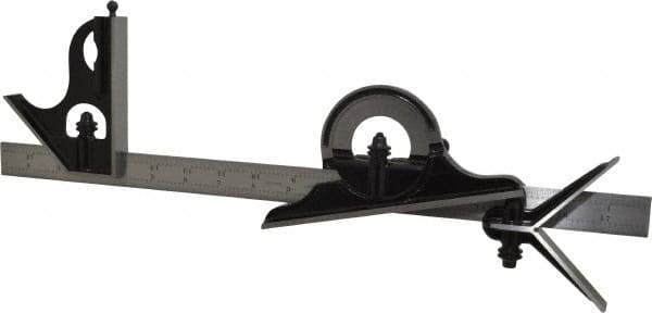 Starrett - 4 Piece, 18" Combination Square Set - 1/16, 1/32, 1/64 & 1/8" (4R) Graduation, Steel Blade, Forged Steel Center, Protractor & Square Head - Eagle Tool & Supply