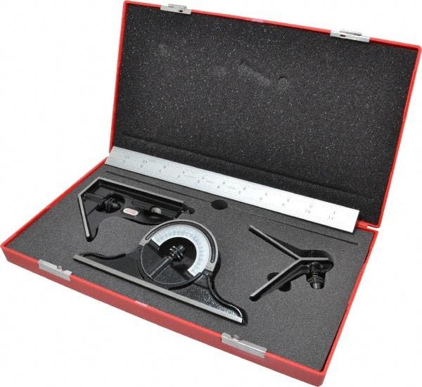 Starrett - 4 Piece, 12" Combination Square Set - 1/100, 1/32, 1/50 & 1/64" (16R) Graduation, Steel Blade, Forged Steel Center, Protractor & Square Head - Eagle Tool & Supply