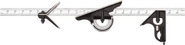 Starrett - 4 Piece, 24" Combination Square Set - 1/100, 1/32, 1/50 & 1/64" (16R) Graduation, Hardened Steel Blade, Cast Iron & Forged Steel Center, Protractor & Square Head - Eagle Tool & Supply