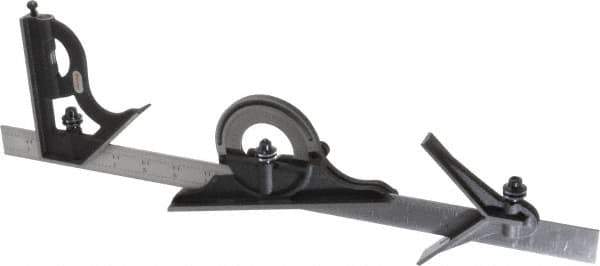 Starrett - 4 Piece, 18" Combination Square Set - 1/16, 1/32, 1/64 & 1/8" (4R) Graduation, Steel Blade, Cast Iron Center, Protractor & Square Head - Eagle Tool & Supply