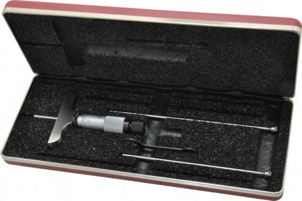 Starrett - 0 to 3" Range, 3 Rod, Mechanical Depth Micrometer - Plain Thimble, 2-1/2" Base Length, 0.01mm Graduation, 1/8" Rod Diam - Eagle Tool & Supply