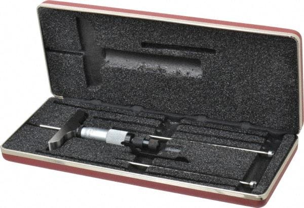 Starrett - 0 to 3" Range, 3 Rod, Mechanical Depth Micrometer - Ratchet Stop Thimble, 2-1/2" Base Length, 0.01mm Graduation, 1/8" Rod Diam - Eagle Tool & Supply