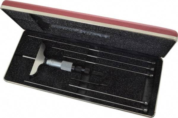Starrett - 0 to 6" Range, 6 Rod, Mechanical Depth Micrometer - Ratchet Stop Thimble, 2-1/2" Base Length, 0.01mm Graduation, 1/8" Rod Diam - Eagle Tool & Supply