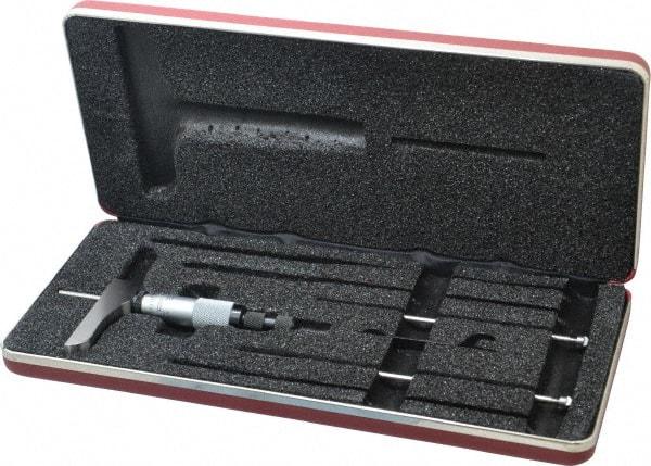Starrett - 0 to 3" Range, 3 Rod, Satin Chrome Finish Mechanical Depth Micrometer - Ratchet Stop Thimble, 2" Base Length, 0.01mm Graduation, 5/32" Rod Diam - Eagle Tool & Supply