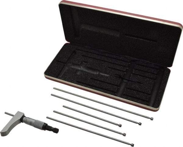 Starrett - 0 to 6" Range, 6 Rod, Satin Chrome Finish Mechanical Depth Micrometer - Ratchet Stop Thimble, 2" Base Length, 0.01mm Graduation, 5/32" Rod Diam - Eagle Tool & Supply