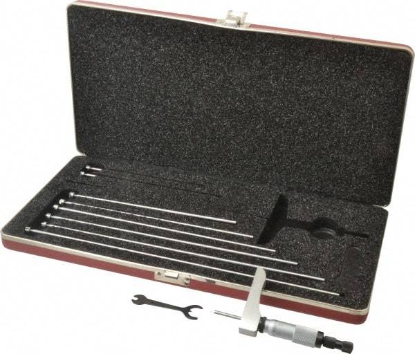 Starrett - 0 to 9" Range, 9 Rod, Satin Chrome Finish Mechanical Depth Micrometer - Ratchet Stop Thimble, 2" Base Length, 0.01mm Graduation, 5/32" Rod Diam - Eagle Tool & Supply
