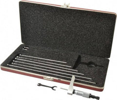 Starrett - 0 to 9" Range, 9 Rod, Satin Chrome Finish Mechanical Depth Micrometer - Ratchet Stop Thimble, 2" Base Length, 0.01mm Graduation, 5/32" Rod Diam - Eagle Tool & Supply