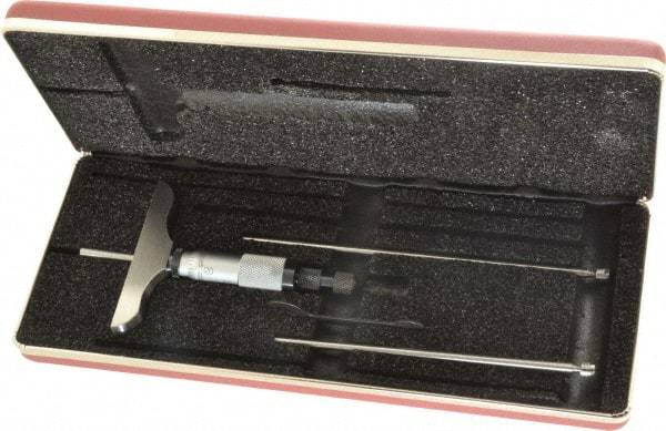 Starrett - 0 to 3" Range, 3 Rod, Satin Chrome Finish Mechanical Depth Micrometer - Ratchet Stop Thimble, 3" Base Length, 0.01mm Graduation, 5/32" Rod Diam - Eagle Tool & Supply