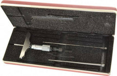 Starrett - 0 to 3" Range, 3 Rod, Satin Chrome Finish Mechanical Depth Micrometer - Ratchet Stop Thimble, 3" Base Length, 0.01mm Graduation, 5/32" Rod Diam - Eagle Tool & Supply