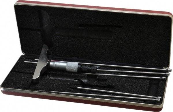 Starrett - 0 to 6" Range, 6 Rod, Satin Chrome Finish Mechanical Depth Micrometer - Ratchet Stop Thimble, 3" Base Length, 0.01mm Graduation, 5/32" Rod Diam - Eagle Tool & Supply