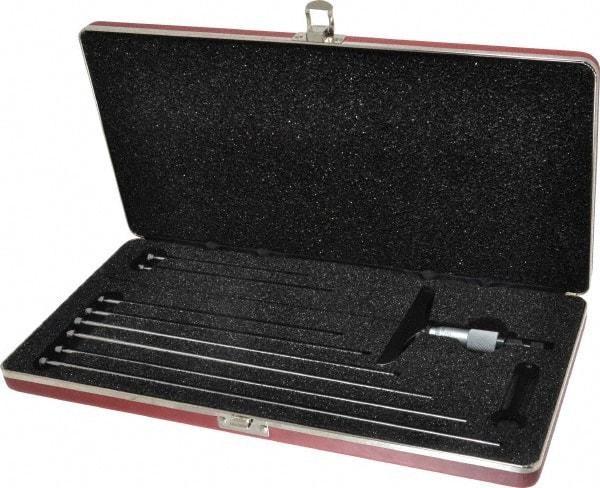 Starrett - 0 to 9" Range, 9 Rod, Satin Chrome Finish Mechanical Depth Micrometer - Ratchet Stop Thimble, 4" Base Length, 0.01mm Graduation, 5/32" Rod Diam - Eagle Tool & Supply