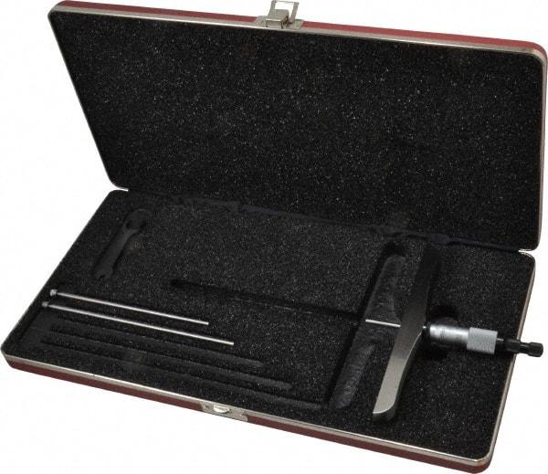 Starrett - 0 to 3" Range, 3 Rod, Satin Chrome Finish Mechanical Depth Micrometer - Ratchet Stop Thimble, 6" Base Length, 0.01mm Graduation, 5/32" Rod Diam - Eagle Tool & Supply