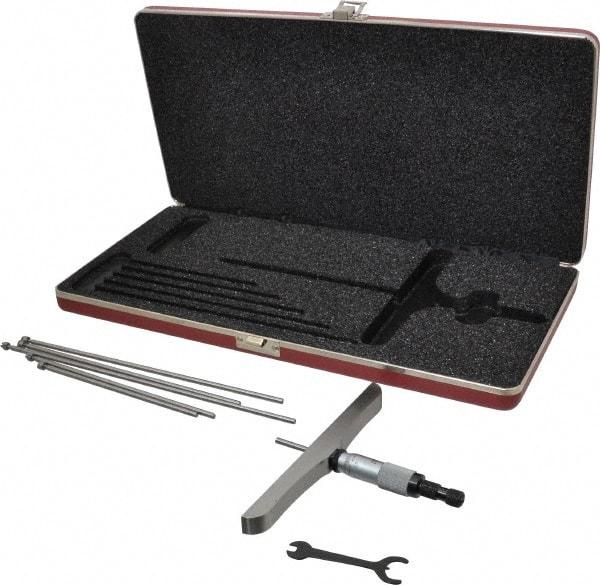 Starrett - 0 to 6" Range, 6 Rod, Satin Chrome Finish Mechanical Depth Micrometer - Ratchet Stop Thimble, 6" Base Length, 0.01mm Graduation, 5/32" Rod Diam - Eagle Tool & Supply