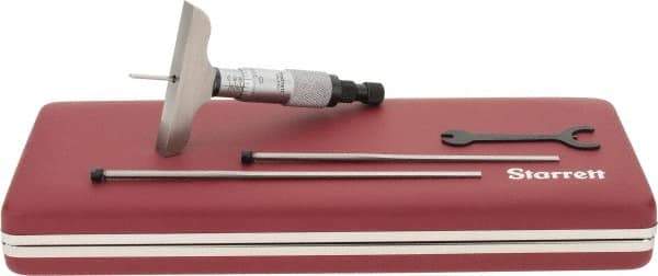 Starrett - 0 to 3" Range, 3 Rod, Mechanical Depth Micrometer - Ratchet Stop Thimble, 2-1/2" Base Length, 0.01mm Graduation, 1/8" Rod Diam - Eagle Tool & Supply
