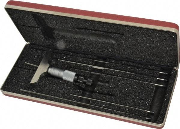 Starrett - 0 to 6" Range, 6 Rod, Mechanical Depth Micrometer - Ratchet Stop Thimble, 2-1/2" Base Length, 0.01mm Graduation, 1/8" Rod Diam - Eagle Tool & Supply
