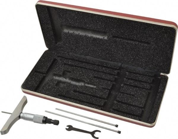 Starrett - 0 to 3" Range, 3 Rod, Mechanical Depth Micrometer - Ratchet Stop Thimble, 4" Base Length, 0.01mm Graduation, 1/8" Rod Diam - Eagle Tool & Supply