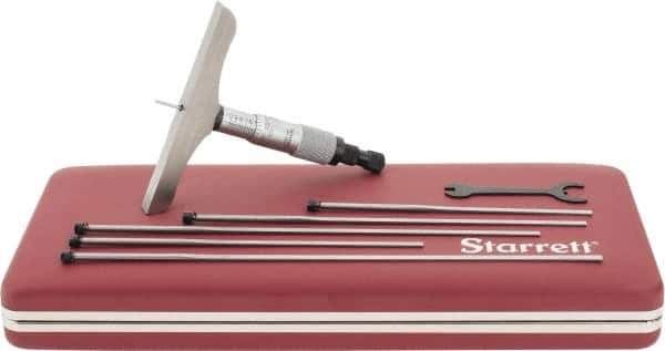 Starrett - 0 to 6" Range, 6 Rod, Mechanical Depth Micrometer - Ratchet Stop Thimble, 4" Base Length, 0.01mm Graduation, 1/8" Rod Diam - Eagle Tool & Supply