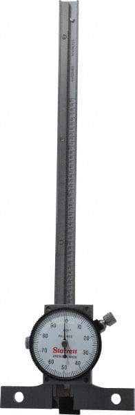 Starrett - 0 to 6 Inch Range, Stainless Steel, White Dial Depth Gage - 0.001 Inch Graduation, 0.001 Inch Accuracy, 2-3/4 Inch Base Measuring Length - Eagle Tool & Supply