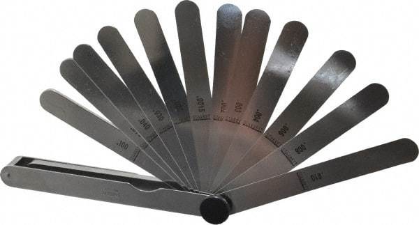 Starrett - 13 Piece, 0.0015 to 0.2" Thick, Parallel Feeler Gage Set - 4-1/2" Leaf Length, 1/2" Wide, Tempered Steel - Eagle Tool & Supply