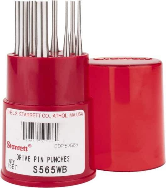 Starrett - 8 Piece, 1/16 to 5/16", Pin Punch Set - Round Shank, Comes in Round Container - Eagle Tool & Supply