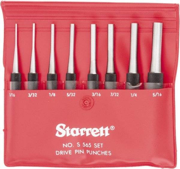 Starrett - 8 Piece, 1/16 to 5/16", Pin Punch Set - Round Shank, Comes in Vinyl Pouch - Eagle Tool & Supply