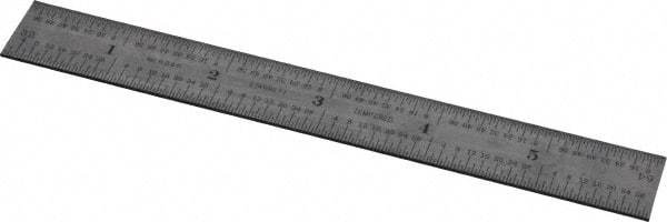 Starrett - 6" Long, 1/64, 1/32, 1/16, 1/8" Graduation, Rigid Spring Steel Rule - 4R Graduation Style, 3/4" Wide, Silver - Eagle Tool & Supply
