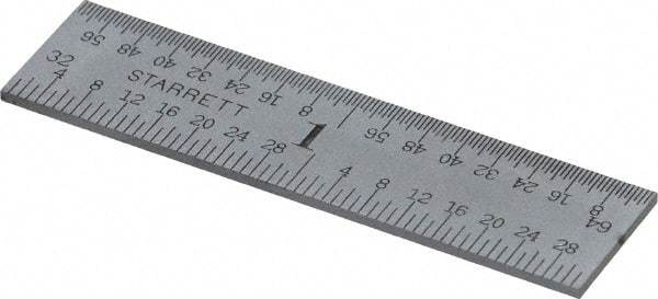 Starrett - 2" Long, 1/64, 1/32, 1/16, 1/8" Graduation, Rigid Spring Steel Rule - 4R Graduation Style, 1/2" Wide, Silver, Satin Chrome Finish - Eagle Tool & Supply