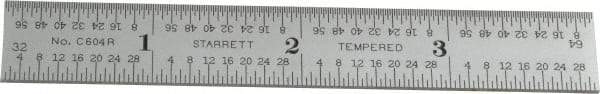Starrett - 4" Long, 1/64, 1/32, 1/16, 1/8" Graduation, Rigid Spring Steel Rule - 4R Graduation Style, 5/8" Wide, Silver, Satin Chrome Finish - Eagle Tool & Supply