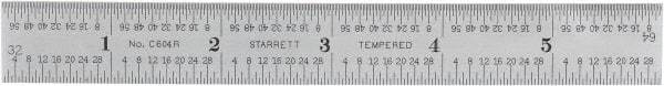 Starrett - 6" Long, 1/64, 1/32, 1/16, 1/8" Graduation, Rigid Spring Steel Rule - 4R Graduation Style, 3/4" Wide, Silver, Satin Chrome Finish - Eagle Tool & Supply