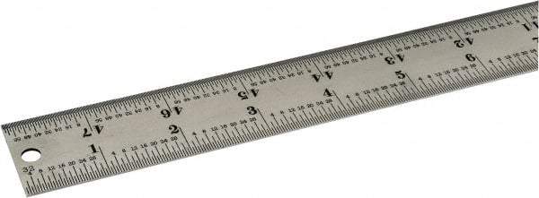 Starrett - 48" Long, 1/64, 1/32, 1/16, 1/8" Graduation, Rigid Spring Steel Rule - 4R Graduation Style, 1-1/4" Wide, Silver, Satin Chrome Finish - Eagle Tool & Supply