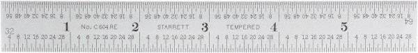Starrett - 6" Long, 1/64, 1/32, 1/16, 1/8" Graduation, Rigid Spring Steel Rule - 4R Graduation Style, 3/4" Wide, Silver, Satin Chrome Finish - Eagle Tool & Supply