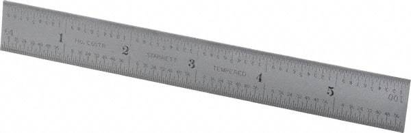 Starrett - 6" Long, 1/100, 1/64, 1/32, 1/16" Graduation, Rigid Spring Steel Rule - 7R Graduation Style, 3/4" Wide, Silver, Satin Chrome Finish - Eagle Tool & Supply