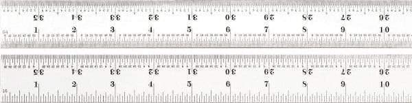 Starrett - 36" Long, 1/100, 1/64, 1/32, 1/16" Graduation, Rigid Spring Steel Rule - 7R Graduation Style, 1-1/4" Wide, Silver, Satin Chrome Finish - Eagle Tool & Supply