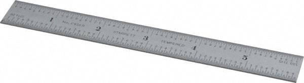 Starrett - 6" Long, 1/100, 1/64, 1/50, 1/32" Graduation, Rigid Spring Steel Rule - 16R Graduation Style, 3/4" Wide, Silver, Satin Chrome Finish - Eagle Tool & Supply