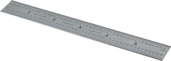 Starrett - 6" Long, 1/64, 1/32" Decimal Equivalency Table Graduation, Flexible Spring Steel Rule - 10R Graduation Style, 3/4" Wide, Silver, Satin Chrome Finish - Eagle Tool & Supply