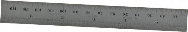 Starrett - 5-3/4" Long, 1/64, 1/32" and 0.5, 1mm Graduation, Rigid Spring Steel Rule - English/Metric Graduation Style, 3/4" Wide, Silver, Satin Chrome Finish - Eagle Tool & Supply