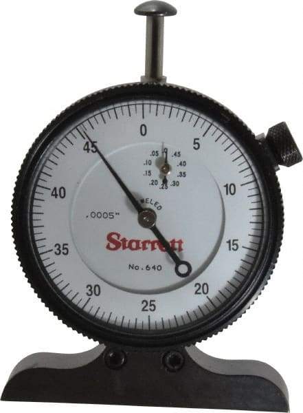 Starrett - 0 to 1/2 Inch Range, White Dial Depth Gage - 0.0005 Inch Graduation, 2-1/2 Inch Base Measuring Length - Eagle Tool & Supply