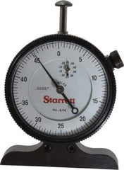 Starrett - 0 to 1/2 Inch Range, White Dial Depth Gage - 0.0005 Inch Graduation, 2-1/2 Inch Base Measuring Length - Eagle Tool & Supply