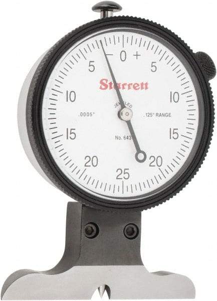 Starrett - 0 to 1/8 Inch Range, Ground Steel, White Dial Depth Gage - 0.0005 Inch Graduation, 0.001 Inch Accuracy, 2-1/2 Inch Base Measuring Length - Eagle Tool & Supply