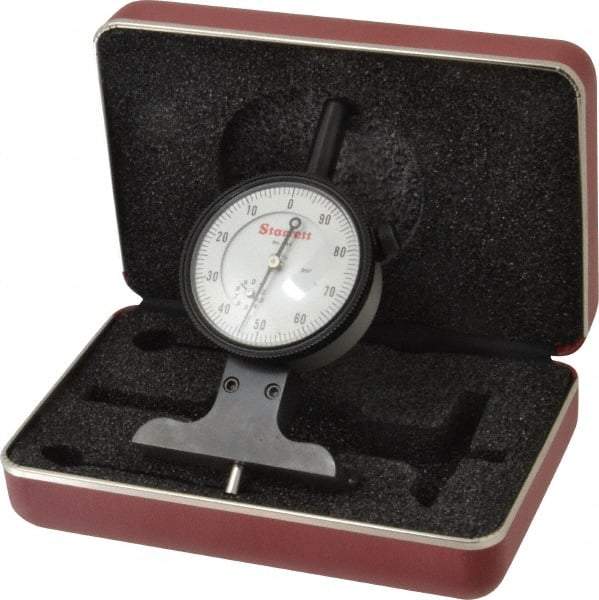 Starrett - 0 to 3 Inch Range, Ground Steel, White Dial Depth Gage - 0.001 Inch Graduation, 2-1/2 Inch Base Measuring Length - Eagle Tool & Supply