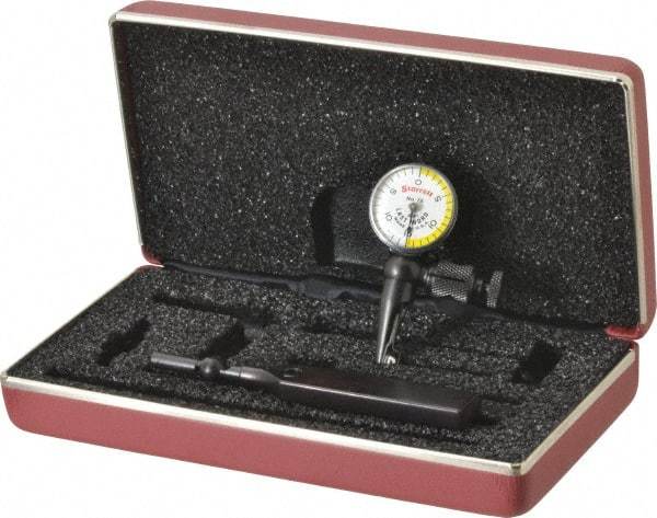 Starrett - 4 Piece, 0" to 0.03" Measuring Range, 15/16" Dial Diam, 0-15-0 Dial Reading, White & Yellow Dial Test Indicator Kit - 5/32" Contact Point Length, 3mm Ball Diam, 0.001" Dial Graduation - Eagle Tool & Supply