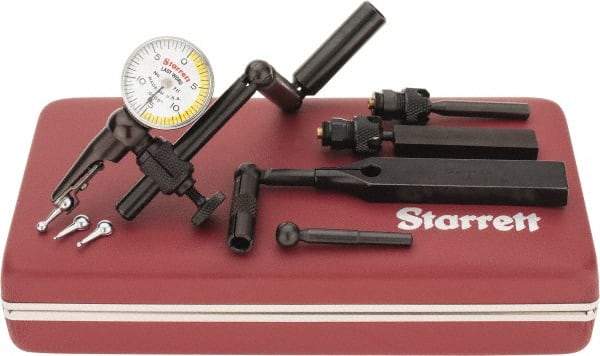 Starrett - 11 Piece, 0" to 0.03" Measuring Range, 15/16" Dial Diam, 0-15-0 Dial Reading, White & Yellow Dial Test Indicator Kit - 5/32" Contact Point Length, 0.9, 1.6 & 3mm Ball Diam, 0.0005" Dial Graduation - Eagle Tool & Supply