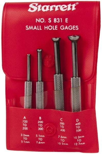 Starrett - 1/8 to 1/2 Inch Measurement, Small Hole Gage Set - 2-13/16, 3-1/8, 3-3/8 and 3-1/2 Inch Long, Half Ball, Includes Case - Eagle Tool & Supply