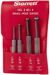Starrett - 1/8 to 1/2 Inch Measurement, Small Hole Gage Set - 2-13/16, 3-1/8, 3-3/8 and 3-1/2 Inch Long, Half Ball, Includes Case - Eagle Tool & Supply
