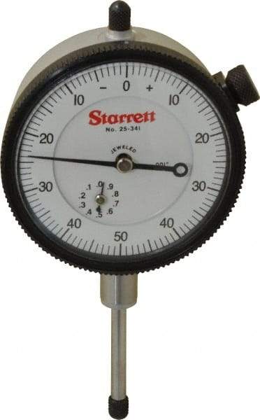 Starrett - 1" Range, 0-50-0 Dial Reading, 0.001" Graduation Dial Drop Indicator - 2-1/4" Dial, 0.1" Range per Revolution, Revolution Counter - Eagle Tool & Supply